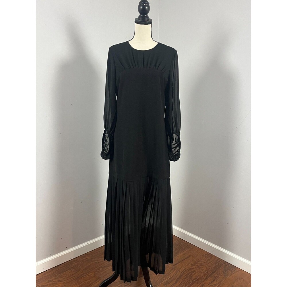 Tuckernuck $278 Black Chiffon Pleated Lorraine Dress Long Sleeve Women's 10